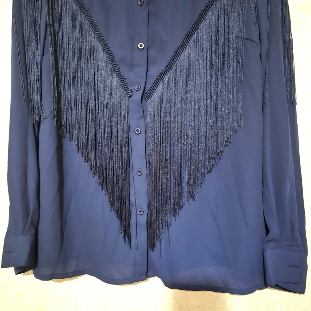 NEW...Chic Navy Fringe Button-Up Shirt..SIZE:L - Picture 5 of 13